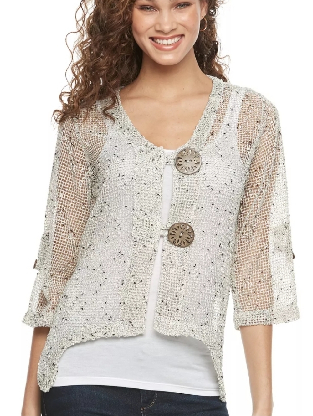 Light Cream Open-Knit Button Cardigan Sweater and Tank Top